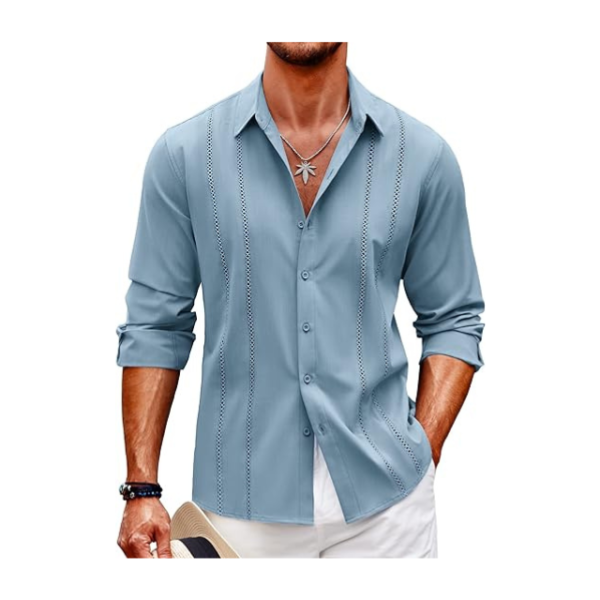 Men's Long Sleeve Cuban Guayabera Casual Button Down Summer Beach Shirt.