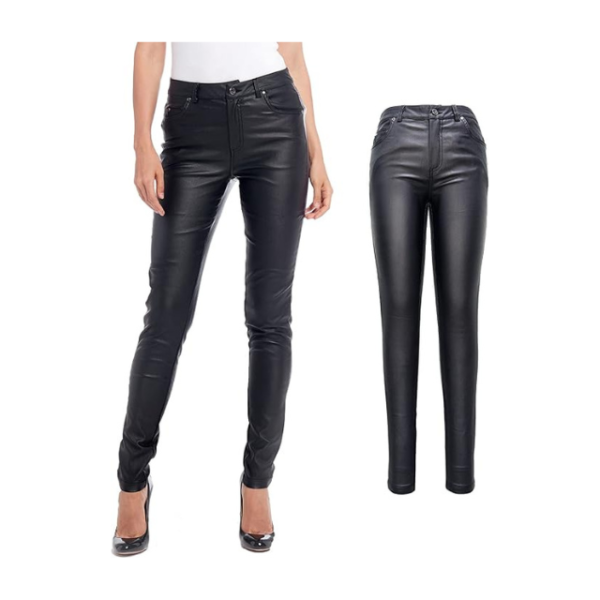 Women's Stretchy Faux Leather Jeggings with Pockets.