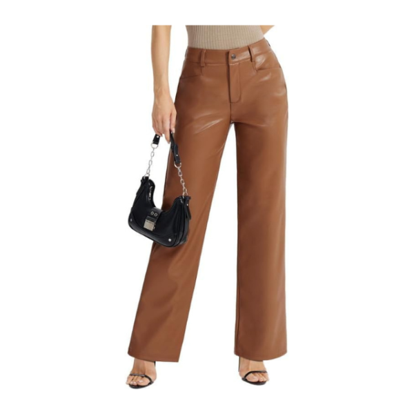 Women's Faux Leather Straight Wide Leg Pants with Pockets.