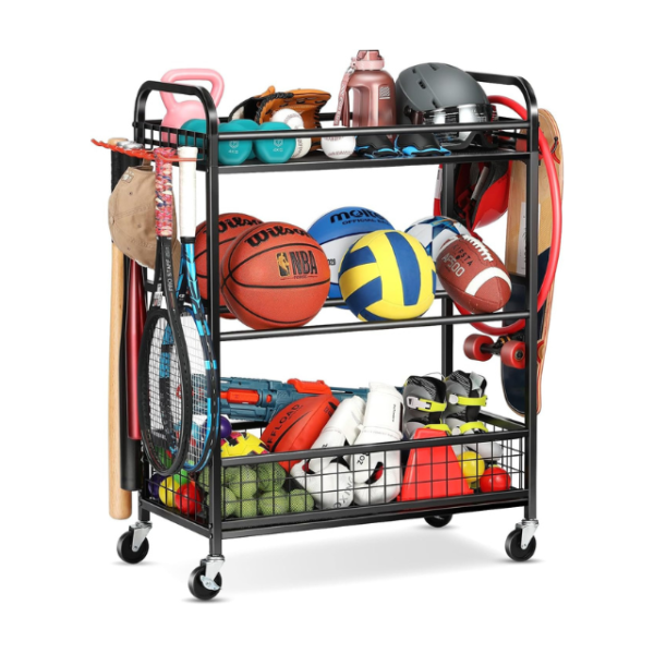 Rolling Ball Storage Rack with Hooks & Wheels.