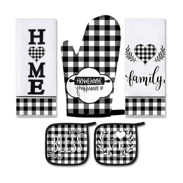 Farmhouse Chic 5-Piece Plaid Kitchen Towels, Oven Mitts, and Pot Holder Set.